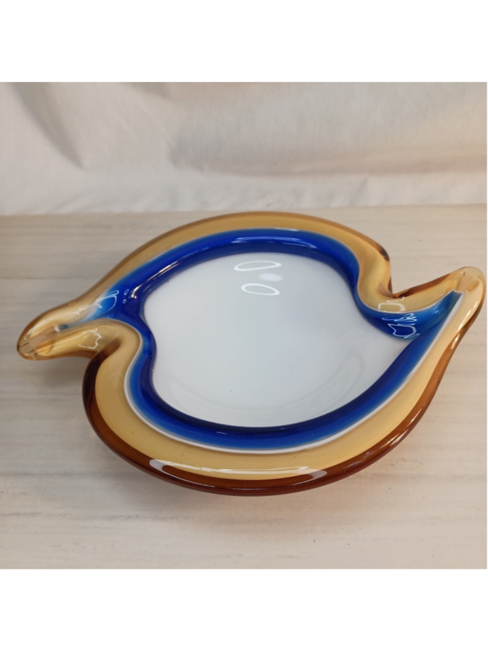 Vtg MCM Murano Glass Ashtray Blue Gold White Layered 9x7 Heavy EUC